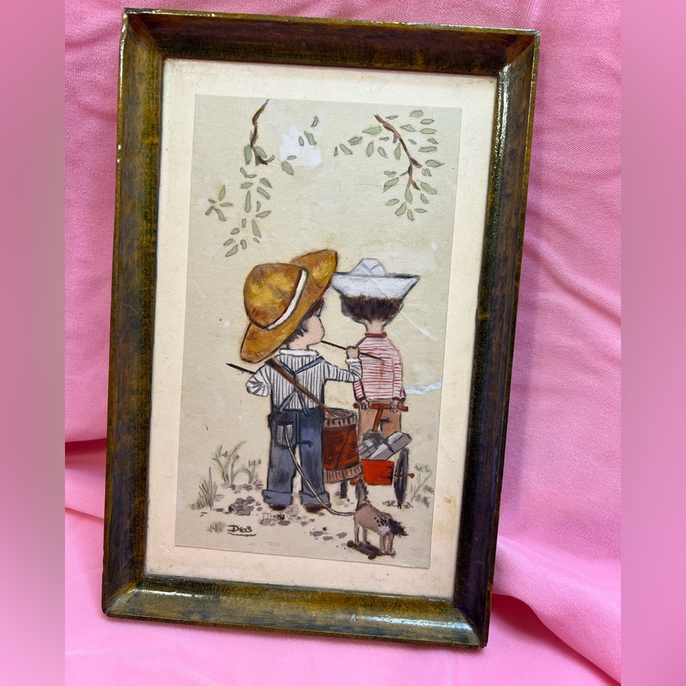 Vintage Framed Art with Children Illustration